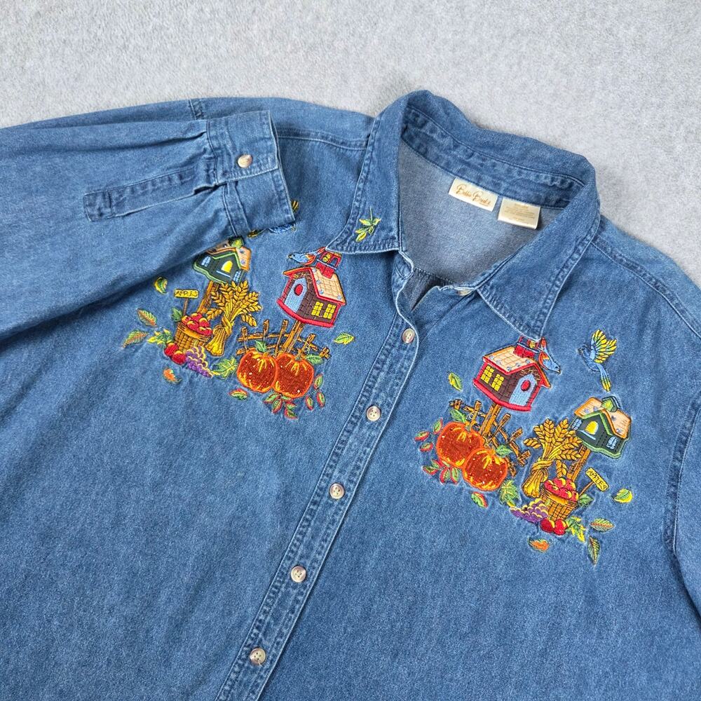 Vintage Bobbie Brooks 26W/28W Denim Shirt Autumn Seasonal Embroidery Design